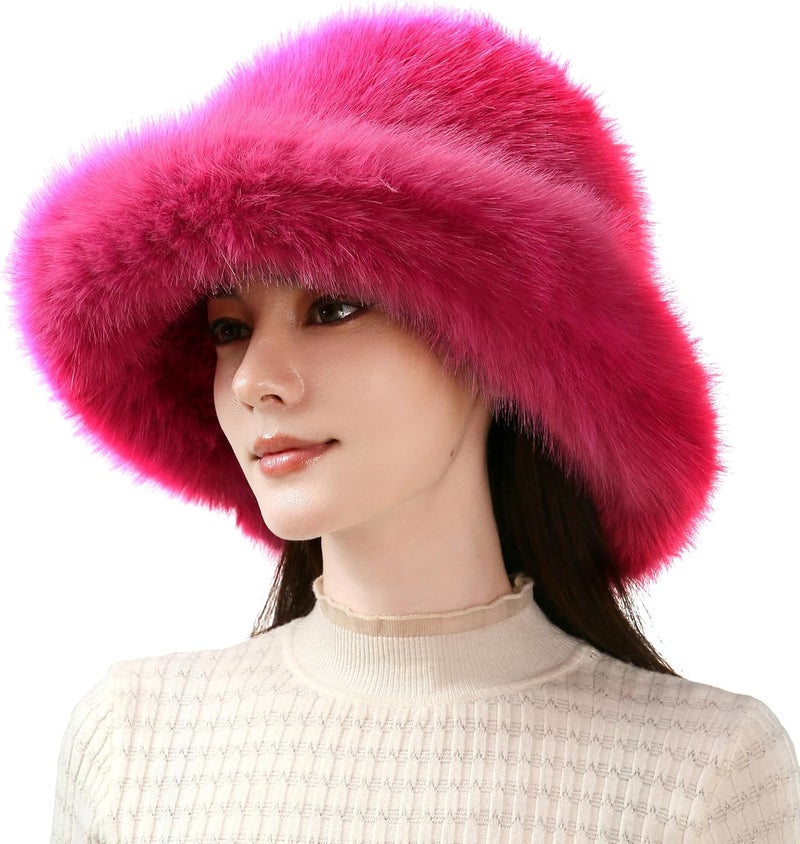 Dikoaina Luxury Faux Fur Bucket Hat for Women Girl – Oversized Brim, Super Soft & Fluffy Winter Hat, Cozy Fur-Like Beanie - Image 1